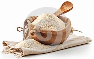Rice in burlap sack with wooden scoop isolated white background. Fantasy, Minimal, Clean, 3D Render, Surrealistic, Photographic