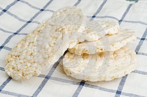 Rice cake, puffed rice on table cloth