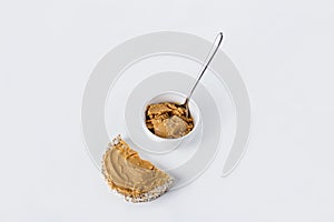 Rice cakes with Homemade Creamy peanut butter or paste white background. Delicious breakfast or snack concept. Close up