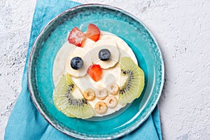 Rice cakes with yoghurt and fresh fruits in a shape of cute owls, meal for kids idea, top view