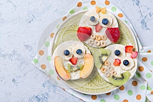 Rice cakes with yoghurt and fresh fruits in a shape of cute owls on a plate, meal for kids idea, top view