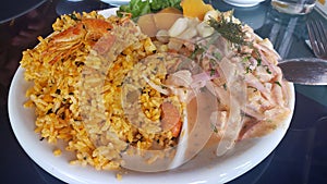 Rice of camaron and ceviche peruano