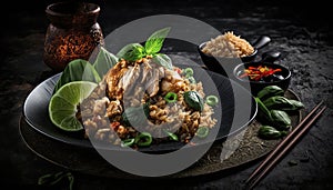 Rice with chicken risotto on a plate on a black background.