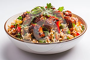 Rice with chicken and vegetables in a bowl on white background.