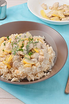 Rice cooked in chicken stock and stir fried with