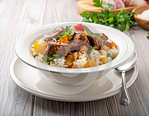 Rice cooked with meat and vegetables in rice grasa generative ai