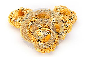 Rice Cracker with dried longan.white background.