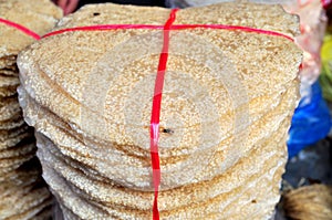 Rice crackers s are for sale in a local market in Vietnam