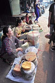 Rice crackers s are for sale in a local market in Vietnam