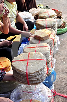 Rice crackers s are for sale in a local market in Vietnam