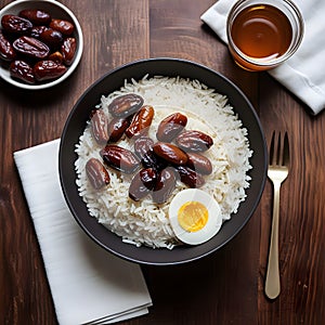 Rice with Dates and Boiled Egg Served for Iftar Meal