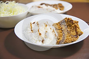 Rice with deep fried pork in Japanese style called Tonkatsu rescipe