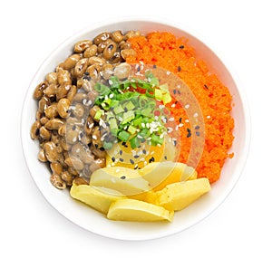 Rice don with natto, tobiko egg and pickled radish in soy sauce japan