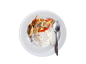 Rice and dried red pork coconut curry on white dish isolated on white background