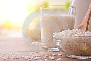 Rice drink in containers on a table in kitchen closeup