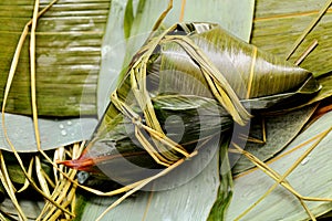 Rice dumpling on bamboo leaves