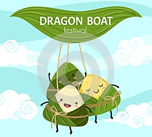 Rice dumpling festival. Asian dumplings, cute chinese food. Cartoon dragon boat festival poster, bamboo leaves and