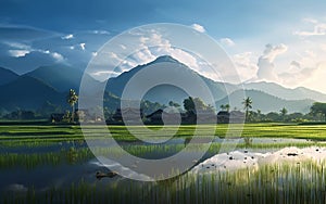 Rice field at afternoon with mountain. Fantasy, Minimal, Clean, 3D Render, Surrealistic, Photographic Style, illustration, Close