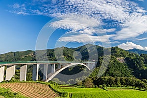 Rice field landscape and arch bridge in Takachiho, Miyazaki, Japan