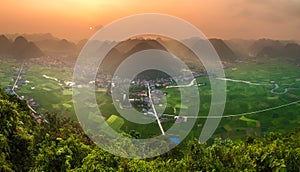 Rice field in valley around with mountain panorama view in Bac Son valley, Lang Son, Vietnam