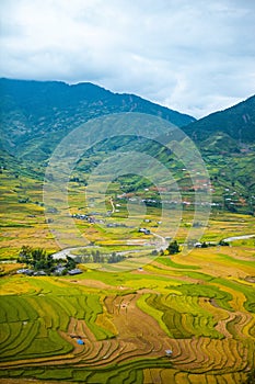 Rice fields on terraced. Fields are prepared for planting rice. Lim Mong, Huyen Mu Chang Chai, Northen Vietnam.