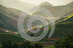 Rice fields on terraced in rainny season at Mu Cang Chai, Yen Bai, Vietnam.