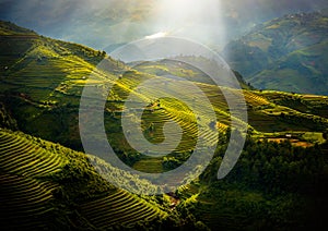 Rice fields on terraced with wooden pavilion at sunrise in Mu Cang Chai, YenBai, Vietnam