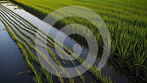 Rice fields, water channels and plants