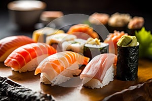 rice fish seafood set roll meal japanese japan food sushi. Generative AI.