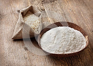 Rice flour in a wooden bowl