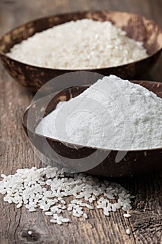 Rice flour in a wooden bowl