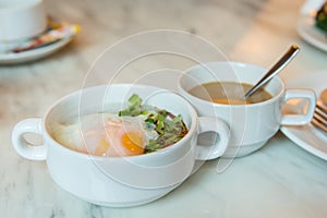 Rice gruel breakfast on table.