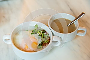 Rice gruel breakfast on table.