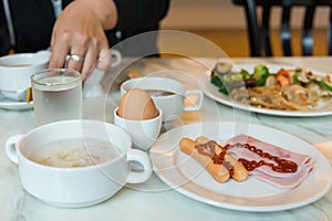Rice gruel breakfast on table.