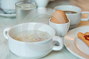 Rice gruel breakfast on table.