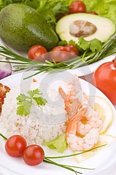 Rice with king prawns close-up