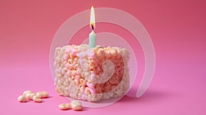 Rice Krispie Treat With One Candle On A Pink Background Greeting Card Design. Generative AI