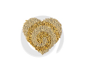 Rice lover. pile of paddy rice grain in heart shape isolated on white background. Stack of raw rice in heart sign show Vegetarian