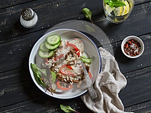 Rice with meat and sweet red pepper. Healthy delicious lunch.