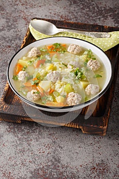 Rice meatball soup with celery, carrots, onions and potatoes close-up in a bowl on. Vertical