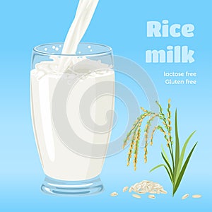 Rice milk in glass isolated on blue background. Pouring vegan milk and splash. Plant-based drink in cartoon flat style and ear of