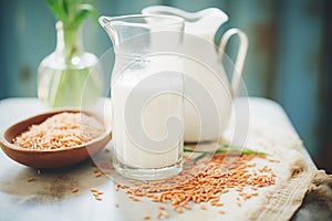 rice milk in a jug, unhulled rice grains on the side