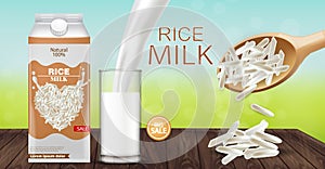 Rice milk mock up Vector realistic. Product placement advertise. Detailed grains. Label template design. Natural healthy