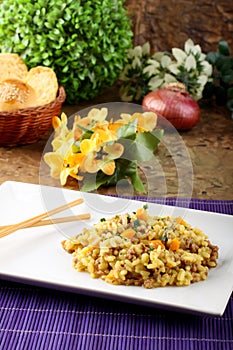 Rice with minced meat and carrots