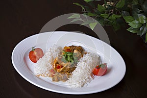 Rice with minced meat and tomato sauce. Chicken curry with rice and cilantro on white plate close up horizontal.