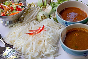 Rice Noodles with Fish Curry Sauce served with vegetables set