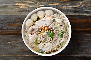 Rice noodles soup with pork and meat ball in a bowl