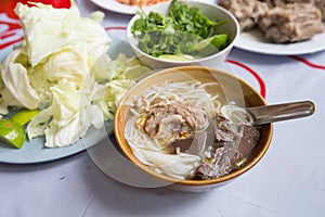 Rice noodles with spicy pork sauce or Khanom Jin Nam Ngiao