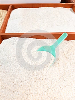 Rice and other cereals on the counter in the supermarket