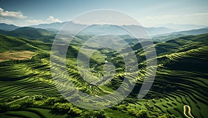 Rice paddy growth, green landscape, terraced fields, mountain range, freshness generated by AI
